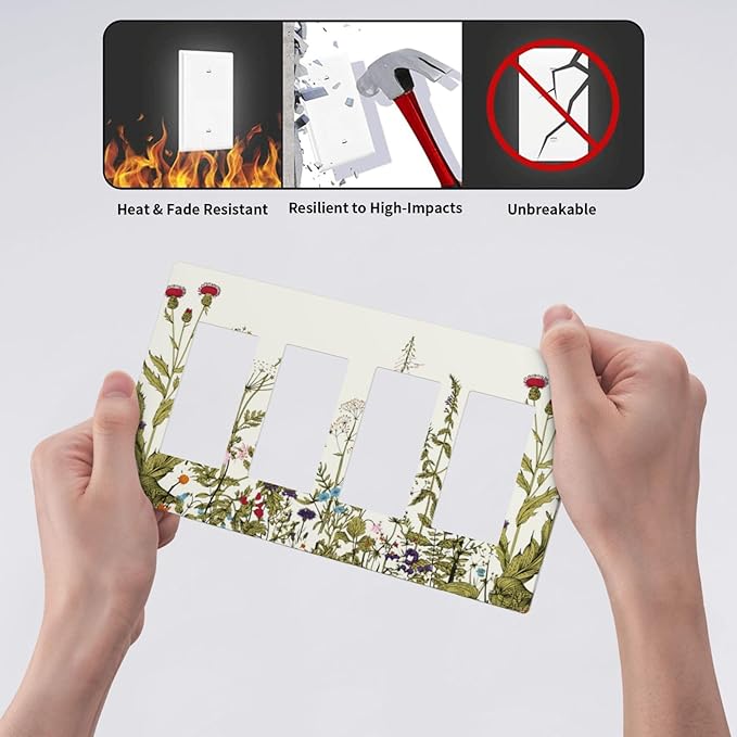 Country Vintage Wild Flowers Floral 4 Gang Quad Rocker/GFCI/Decorator Light Switch Cover Plate Decorative Electric Faceplate Decorative Switchplate Screwless