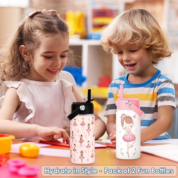 Ballet Kid 12oz Water Bottle with Straw Lid - 2-Pack Insulated Stainless Steel Water Bottles for Kids Girls - Travel Cup for School Sports