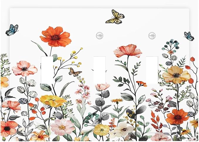 Colorful Butterfly Blossom Flower Floral 3 Gang Light Switch Plate Decorative Triple Toggle Wall Plate Cover Electrical Faceplate Switch Face Plate