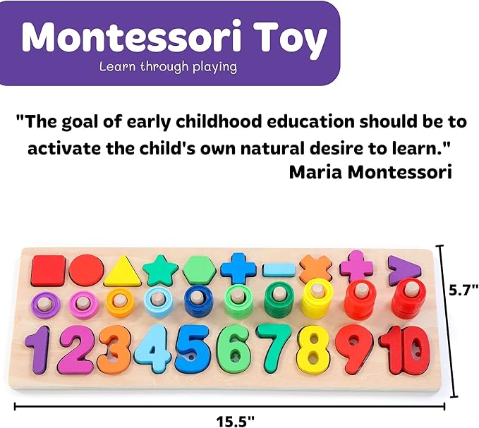 GeroCrew Wooden Montessori Toys for Kids Toddler Number Puzzles Sorter Counting Shape Stacker Stacking Game Preschool Toys for Boy Girl Learning Education Math Blocks Year Old Girl Gifts (Rainbow)