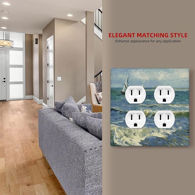 Nautical Ocean Waves Sailboat Painting Blue Sky Outlet Covers 2 Gang Double Duplex Decorative Light Switch Covers Electrical Wallplates Socket Faceplate for Bathroom Bedroom Decor