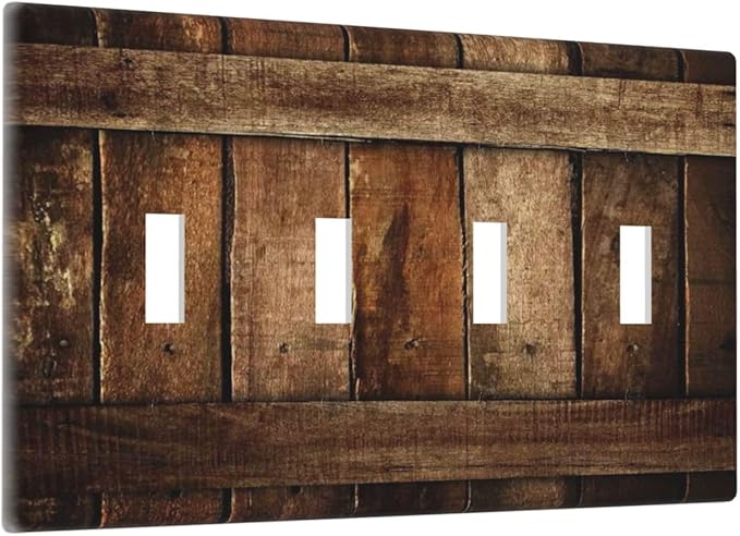 Brown Wooden Barn Door Old Wood Print Light Switch Covers Quad Toggle Electrical Faceplate 4 Gang Wall Plate Decorative Switch Plates for Farmhouse Home Decor