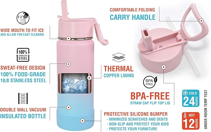 CHILLOUT LIFE 17 oz Kids Insulated Water Bottle for School with Straw Lid Leakproof and Cute Waterproof Stickers, Personalized Stainless Steel Thermos Flask Metal Water Bottle for Girls & Boys