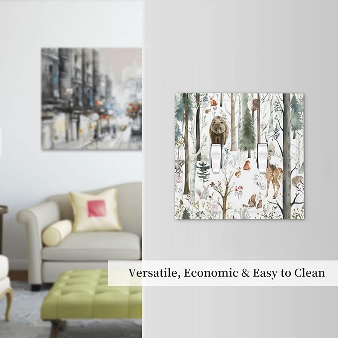 Snow Bear Fox Deer Forest Squirrel Wild Life Animal Decorative Switch Plates 2 Gang Double Toggle Outlet Light Switch Cover Wall Plate Electrical Faceplate for Farmhouse Kids Room Decor