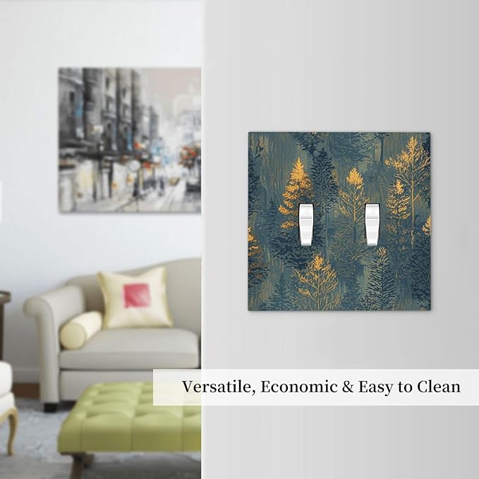 Decorative Switch Plate Cover with Golden Trees & Abstract Gradient Forest Landscape Design 2 Gang Wall Plate Unique Double Toggle Double Light Switch Covers for Blue Retro Home Decor