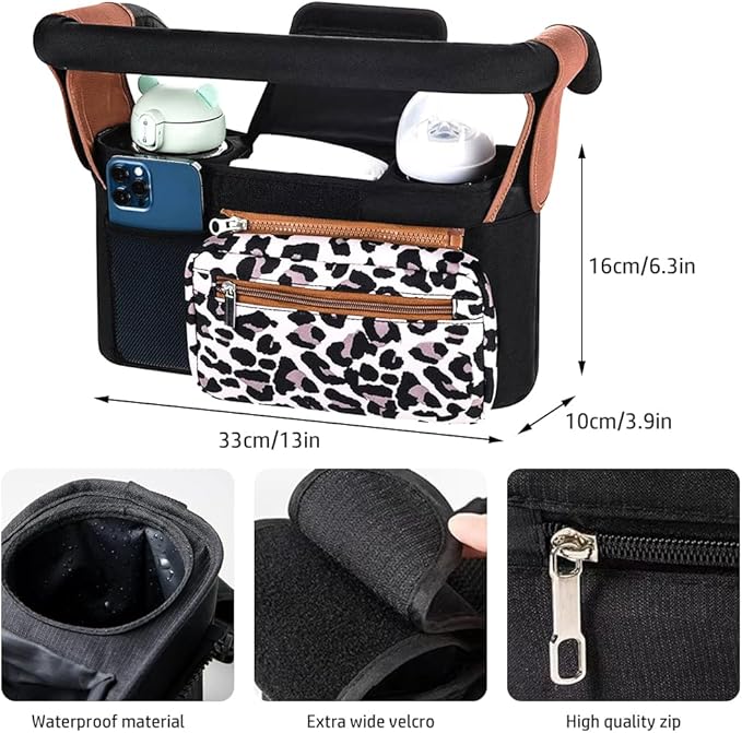 Baby Stroller Organizer, Universal Stroller Organizer with Detachable Phone Bag, Stroller Caddy with 2 Insulated Cup Holders, Buggy Organizer Bag with 2 Hooks Fits Most Strollers (Leopard)