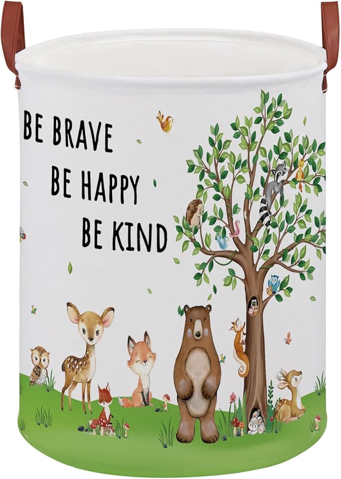 Woodland Baby Laundry Hamper,Bear Baby Boy Nursery Decor with Inspirational Quotes,Animal Toddler Laundry Hamper,Tree Storage Bin Fox Owl Towel Bin Clothes Book Toy Organizer Box(Green）