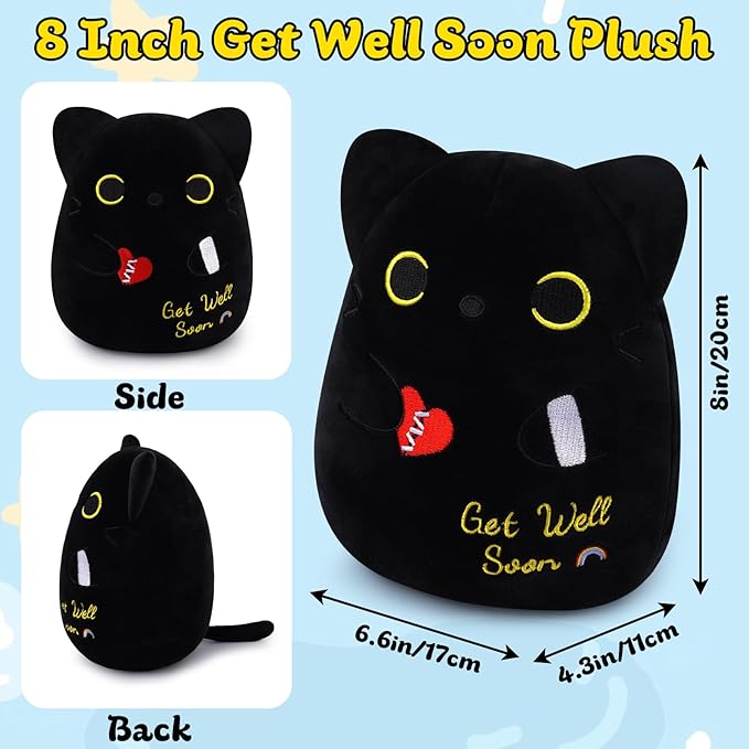 Get Well Gifts Black Cat Plush, 8 inch Black Cat Stuffed Animals Get Well Soon Gift for Kids Women, Cute Cat Plush Pillow Soft Stuffed Cat Feel Better Gifts for After Surgery