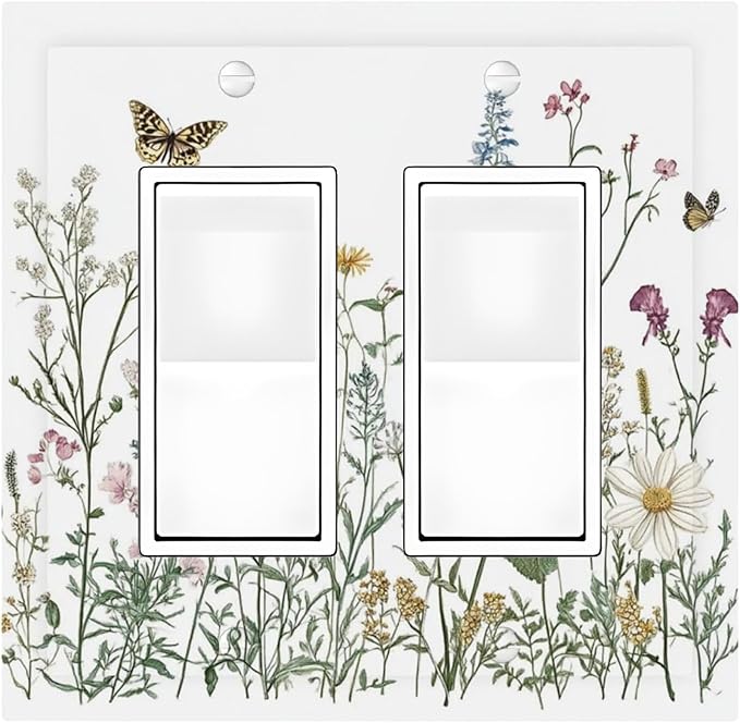 Decorative Outlet Covers Rustic Wildflowers Butterfly Colorful Floral 2 Gang Double Gfci Rocker Electrical Wall Panels Light Switch Cover Plate For Bed Room Living Room Decor
