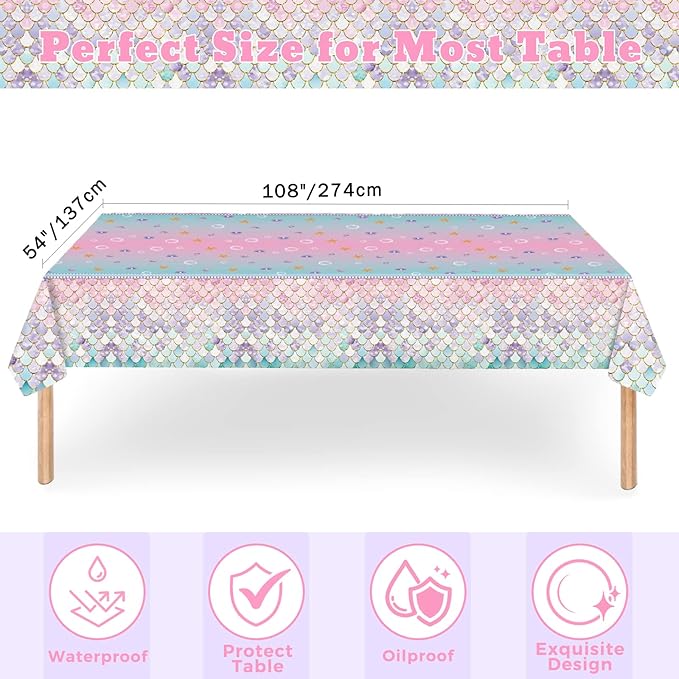 Mermaid Birthday Party Supplies-Mermaid theme Birthday Decorations,Ocean Party Supplies Disposable Dinnerware for Girls Baby Shower Serves 25 Guests with Paper Plates,Napkins,Tablecloth