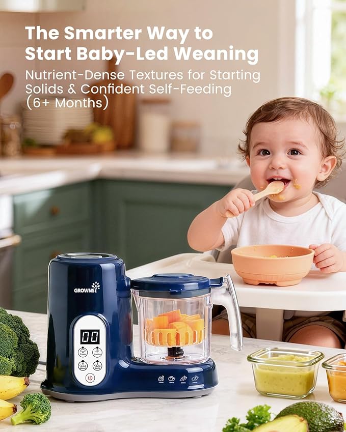 Grownsy Baby Food Maker with Steam Basket, One Step Baby Food Processor Steamer Puree Blender Grinder Mills Machine, Auto Cooking Grinding and Sterili-zing for Healthy Homemade Baby Food, Dark Blue
