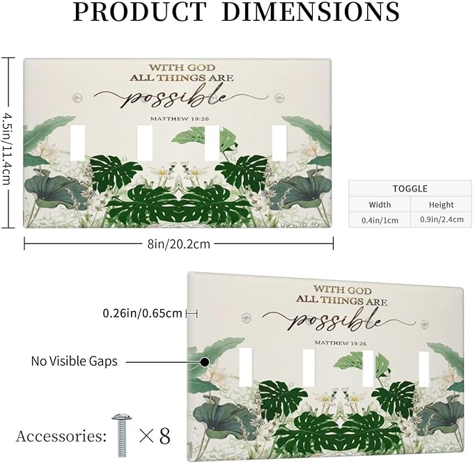 Decorative Light Switch Cover Plate Boho Green Monstera Leaf Inspirational Quotes 4 Gang Wall Plates for Electrical Quad Toggle Switch Plate Covers Outlet Covers Faceplate for Home Decor