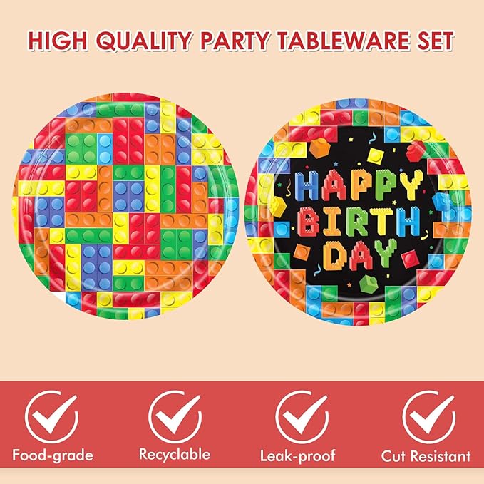 40Pcs Building Block Party Supplies Building Blocks Birthday Paper Plates Tableware Set Colorful Blocks Supplies Include Paper Plates Napkins for Birthday Party Decor Supplies