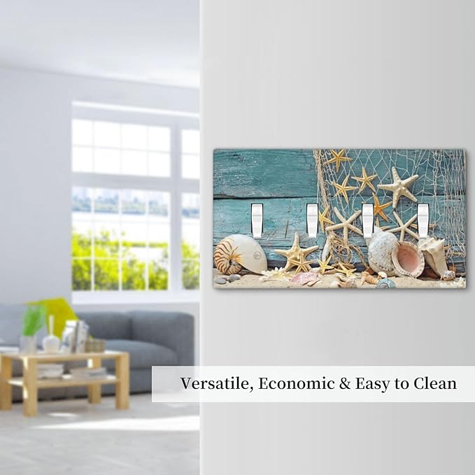 Nautical Beach Starfish Teal Wood 4 Gang Device Light Switch Cover Decorative Quad Toggle Wall Plate Decorative Electrical Faceplate for Home Bedroom Art Decorate