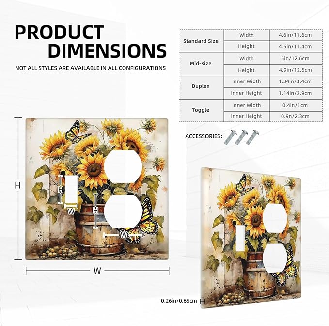 Wallplates Rustic Vintage Sunflower Bouquet Butterfly 1 Toggle 1 Duplex Switch Plate Electrical GFCI Faceplate Decorative Light Switch Covers for Farmhouse Cabin Decor