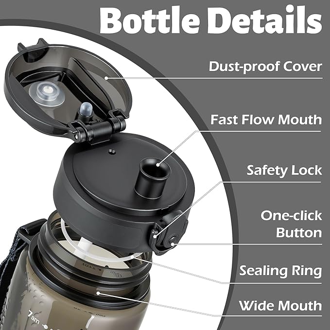 OLDLEY 25 oz Water Bottle, Motivational Water Bottle with Time Marker, Sports Water Bottle With Strap, Leakproof & BPA Free Large Water Bottles for School, Gym, Travel, Outdoor, Transparent Black