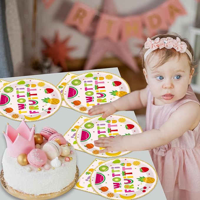 Qyeahkj 48Pcs Twotti Frutti Paper Plates and Napkins Summer Fruit 2nd Birthday Party Decorations Second Birthday Party Supplies Summer Fruit Disposable Tableware Set for Kids Boys Girls Serve 24