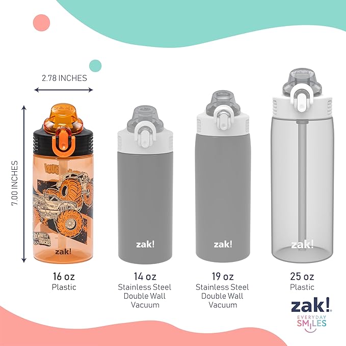 Zak Designs Hot Wheels Sage Kids Water Bottle For School or Travel, 16oz Durable Plastic Water Bottle With Straw, Handle, and Leak-Proof, Pop-Up Spout Cover, 2-Pack Set (Monster Trucks)