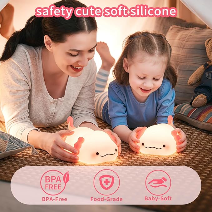 Axolotl Night Light for Kids, Squishy Silicone 3-Level Dimmable Touch Control Cute Nightlight with Timer, Portable USB Rechargeable Nursery Pink Night Lamp Gifts for Baby, Toddler Room Decor