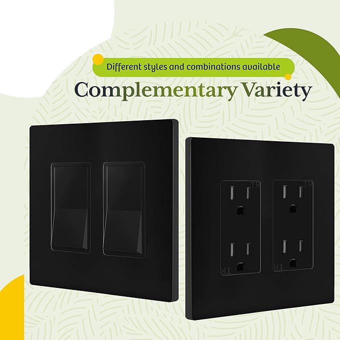 TG Screwless Decorator Wall Plates Child Safe Outlet Covers, Size 2-Gang 4.50" H x 4.55” L, Unbreakable Polycarbonate Thermoplastic, UL Listed, Glossy, Black (5 Pack)