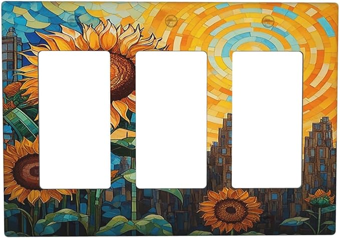 Abstract Sunflower Graffiti Floral Paint Art Flower Light Switch Covers 3 Gang Rocker Decorative Triple Outlet Wall Plate Cover Switchplate Electrical Gfci for Bedroom Living Room Decor