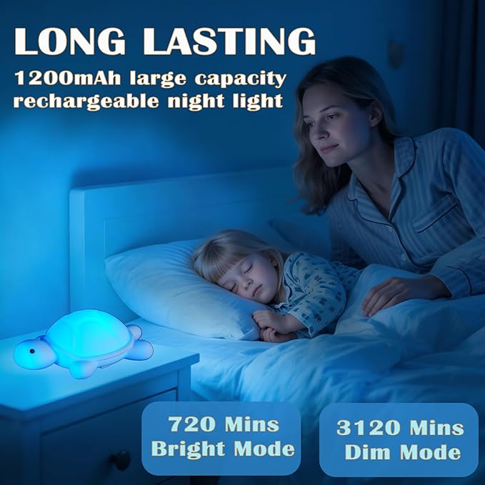Turtle Night Light, Sea Turtle Gifts, Cute Soft Silicone Squishy LED Lamp with 7 RGB Colors, Dimmable, Timer, Touch Control, Kids' Bedroom Decor