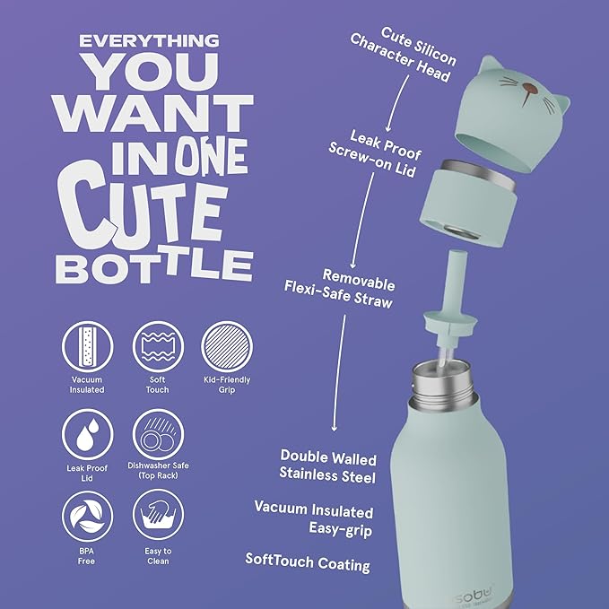 asobu Bestie Bottle Insulated Stainless Steel Water Bottle with Detachable Soft Animal Head Fun Drinking For Kids and Teens with Flexible Reusable Straw 16 Ounce (Cat)