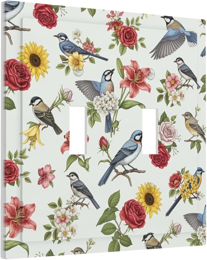 Vintage Birds & Blooms Double Toggle Switch Cover - 2-Gang Standard US Size English Countryside Chintz Light Switch Covers, Botanical Floral & Songbird for Bedroom Decor