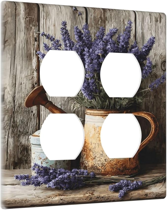 Rustic Flowers Lavender Purple Floral Oil Painting Outlet Covers 2 Gang Double Duplex Decorative Light Switch Covers Electrical Wallplates Socket Faceplate for Farmhouse Bedroom Decor