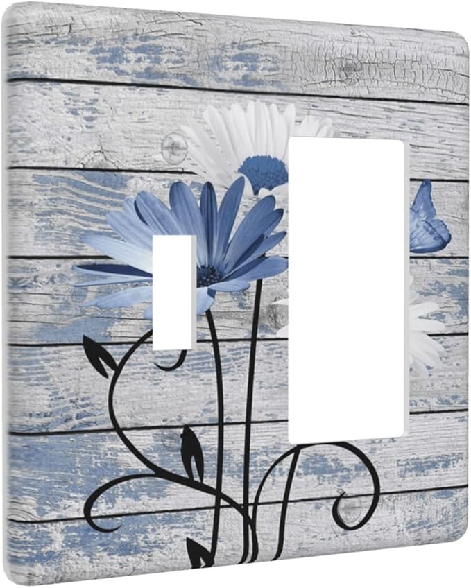 Blue White Daisy Flower Butterfly Rustic Wood Board Outlet Covers 1 Toggle 1 Rocker Combination Decorative Wall Plate Electrical Switch Plates Light Switch Cover Plate for Farmhouse Bedroom Decor