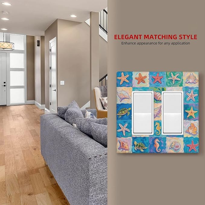Sea Turtle Starfish Ocean Double Rocker Wall Plate Decorative 2 Gang Light Switch Covers Electrical Switchplate Home Decorate Faceplat for Bathroom Bedroom Kitchen Room 4.5 x 4.5 Inch