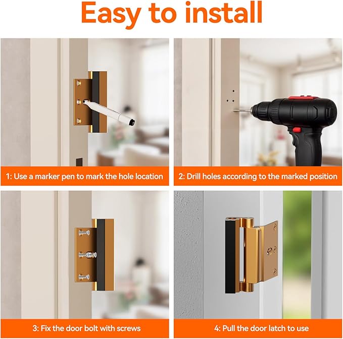 Tonitrui Home Security Door Reinforcement Lock for Front/Inward Swing Doors - Upgraded Reinforced 1200lbs Capacity, Night Kids Safety Metal Flip Deadbolt Latch(2Pack Gold)