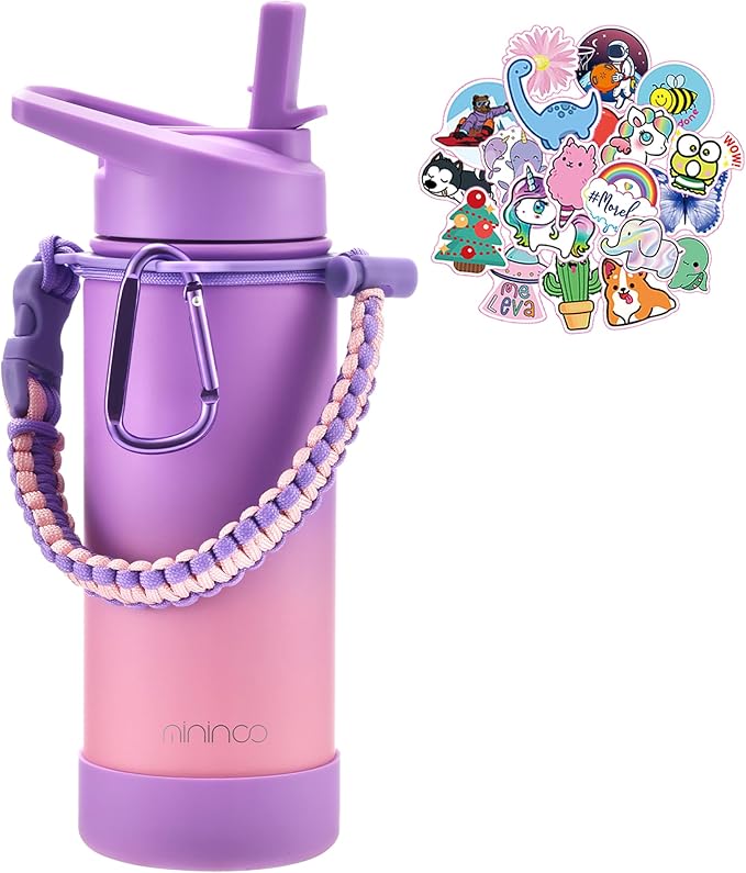 Mininoo Kids Water Bottle for School, 16oz Insulated Stainless Steel Water Bottle Kids with Straw Lid for Girls（Purple/Pink）