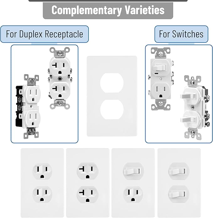 Bates Screwless Duplex Wall Plates, 6 Pack White - Screwless Wall Plate Cover - Electrical Wall Outlet Cover