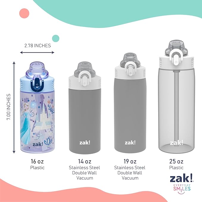 Zak Designs Disney Frozen Sage Kids Water Bottle For School or Travel, 16oz Durable Plastic Water Bottle With Straw, Handle, and Leak-Proof, Pop-Up Spout Cover (Anna, Elsa, Olaf)