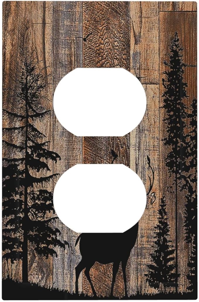 Outlet Covers Rustic Forest Antler Elk Deer Silhouettes Animals Wood Grain 1 Gang Duplex Light Switch Cover Electrical Receptacle Faceplate Wall Plate Decorative Switch Plates for Farmhouse