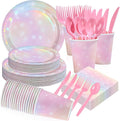 168Pcs Pink Pastel Rainbow Party Decorations Pink Iridescent Plates and Napkins Cups Tableware Sets Rainbow Party Decorations for Rainbow on Cloud 9 Birthday Weddings Baby Shower Supplies Serves 24