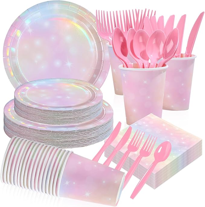 168Pcs Pink Pastel Rainbow Party Decorations Pink Iridescent Plates and Napkins Cups Tableware Sets Rainbow Party Decorations for Rainbow on Cloud 9 Birthday Weddings Baby Shower Supplies Serves 24