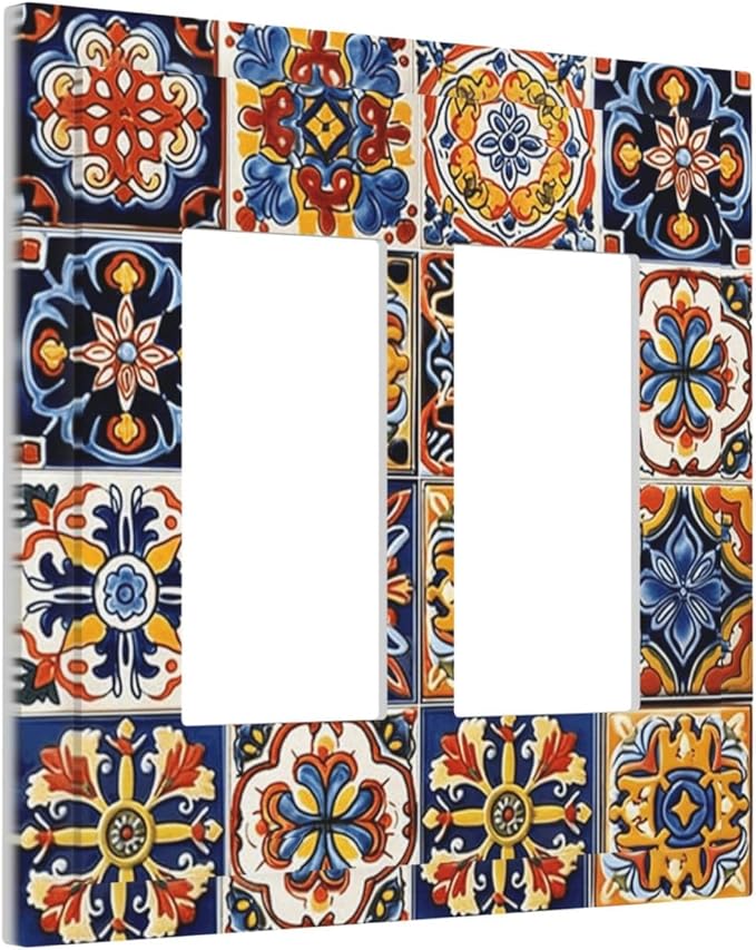 Mexican Talavera Tiles Flower Vintage Decorative Outlet Covers 2 Gang Double GFCI Rocker Electrical Wall Panels Light Switch Cover Plate for Kitchen Bathroom Decor
