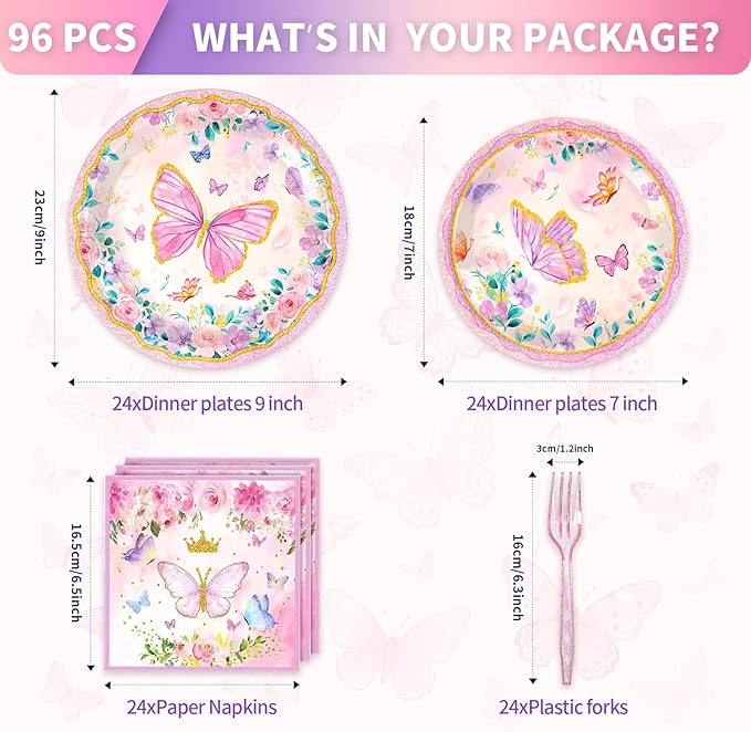 Butterfly Party Supplies for 24 Guests – 96 Pcs Pink Butterfly Disposable Party Tableware Set with Plates, Napkins and Forks, Birthday Decorations for Girls, Baby Shower & Spring Party