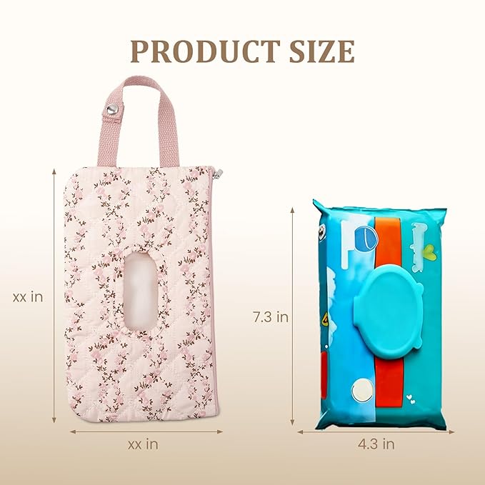 Quilted Baby Diaper and Wipes Pouch Portable Mommy Bag for Stroller Reusable Wipes Pouch with Lanyard for Casual Travel (Pink Flower)