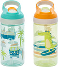 Zak Designs Atlantic Kids Water Bottle For School or Travel, 16oz Durable Plastic Water Bottle With Straw, Handle, and Leak-Proof, Pop-Up Spout Cover, 2-Pack (Surf Boards and Palm Trees)