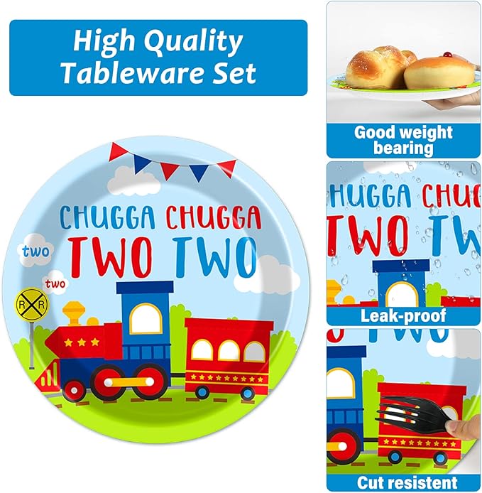 100 PCS Chugga Chugga Two Two Party Supplies Set Train Plates and Napkins 2nd Birthday Party Tableware Packs Decorations Transportation Disposable Paper Plates Napkins Forks For Kids Serve 25
