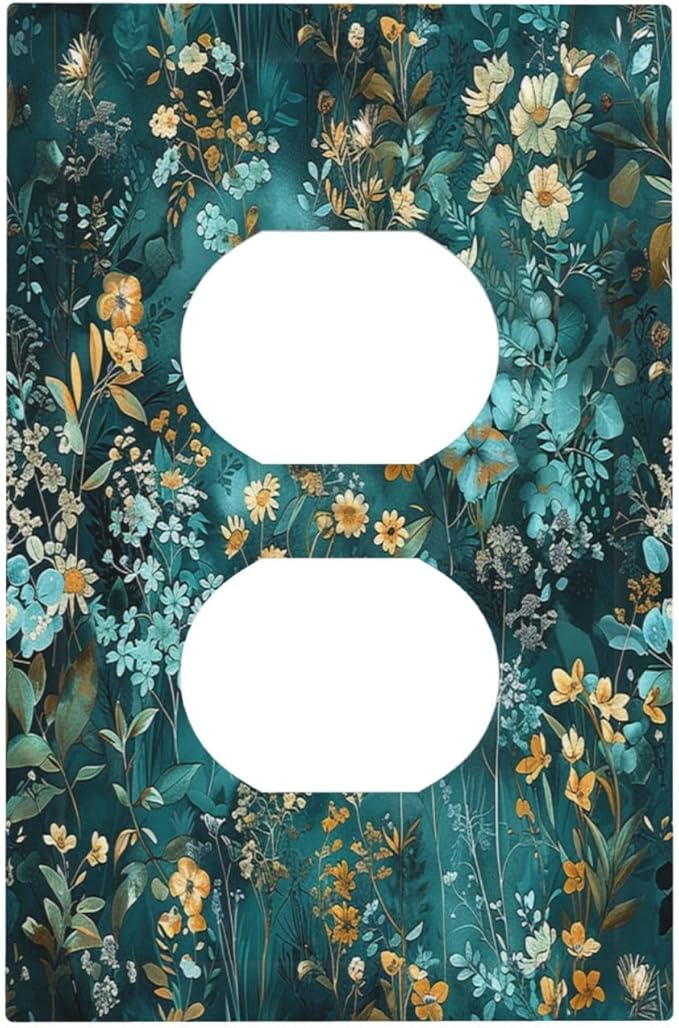 Outlet Covers Green Leaf Floral Boho Golden Flower Plant 1 Gang Duplex Light Switch Cover Decorative Switch Plates Electrical Receptacle Faceplate Wall Plate For Bed Room Cabin Decor