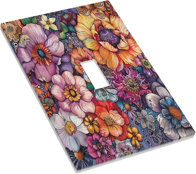 Decorative Light Switch Cover Colorful Bohemian Flowers Vintage Boho Floral 1 Gang Single Toggle Device Electrical Faceplate Switchplates Decorator Outlet Wall Plate for Bed Room Decor