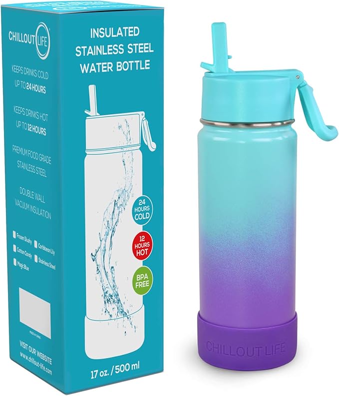CHILLOUT LIFE 17 oz Kids Insulated Water Bottle for School with Straw Lid Leakproof and Cute Waterproof Stickers, Personalized Stainless Steel Thermos Flask Metal Water Bottle for Girls & Boys