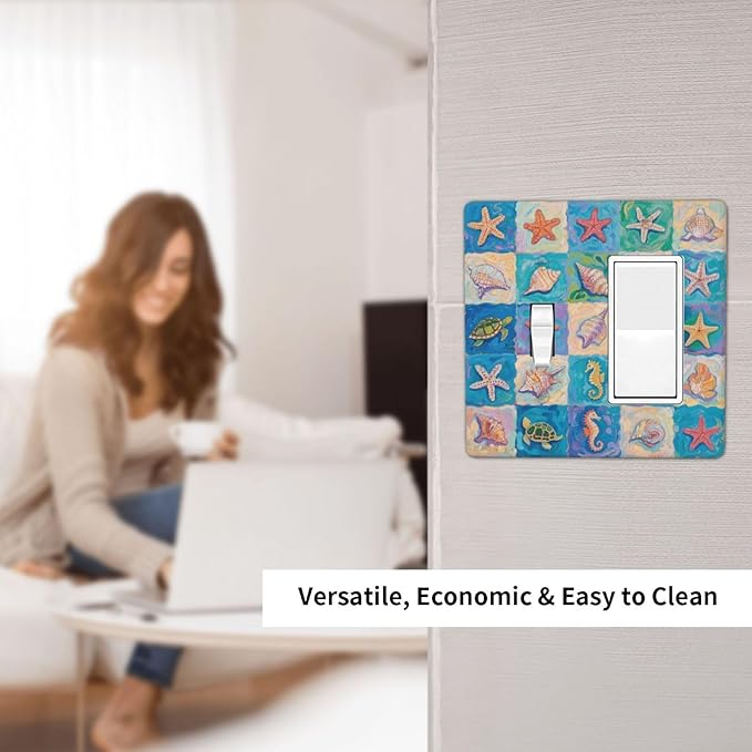 Sea Turtle Starfish Ocean Single Toggle Rocker Combination Wall Plate Decorative 2 Gang Light Switch Covers Electrical Switchplate Home Decorate Faceplat for Bathroom Bedroom Kitchen Room