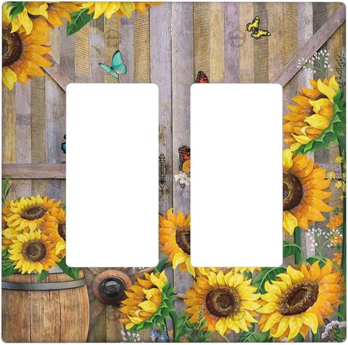 Rustic Sunflower Barn Door Country Wood Plank 2 Gang Rocker Decora Light Switch Covers Decorative Outlet Covers Wall Plate Electrical Faceplate Switchplate GFCI for Farmhouse Bathroom Bedroom Decor