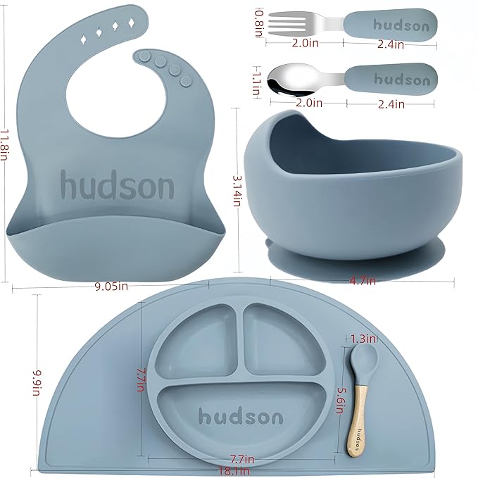 Personalized Silicone Suction Plates for Baby，Custom Toddlers Spoon and Fork, Baby Feeding Set with Name,Baby Birthday Gift for Boy & Girl (Grey placemat)