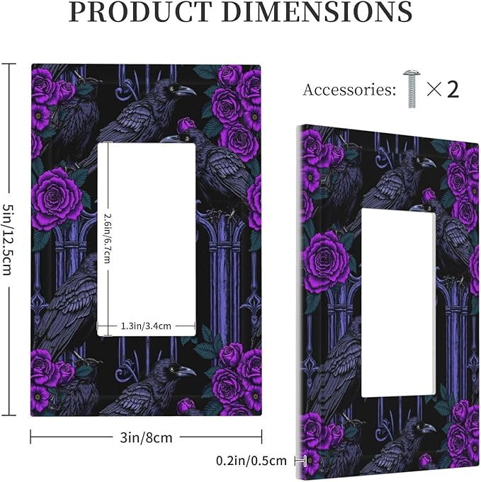 Decorative Outlet Covers Gothic Style Crow Purple Flowers 1 Gang Single Rocker Light Switch Cover Plate Wall Plates GFCI Faceplate for Bedroom living Room Decor